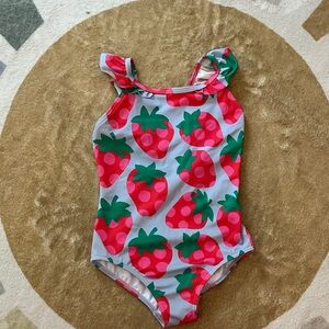 Mini Boden Girls One-Piece Swimsuit – Strawberry Print Ruffle Straps (Size 5-6Y)